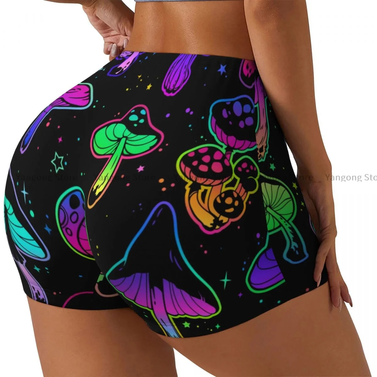 Women's Yoga Shorts Magic Mushrooms 60s Hippie Art Scrunch Booty Butt Lifting Comfort Fitness Gym