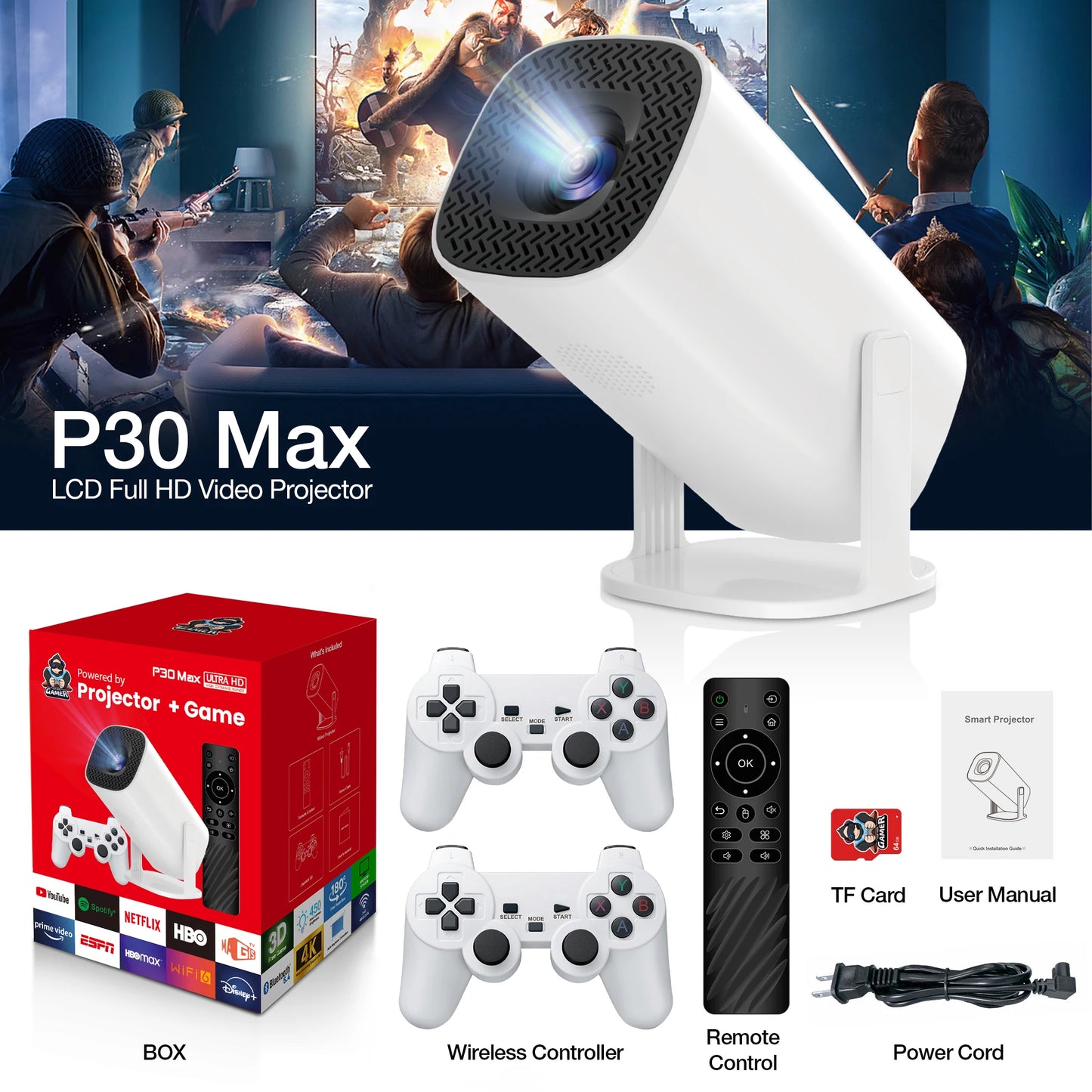 Proyector portátil para cine en casa, videoconsola Retro P30MAX con Android 11, WIFI Dual, BT5.4, 1280x720P, para exteriores