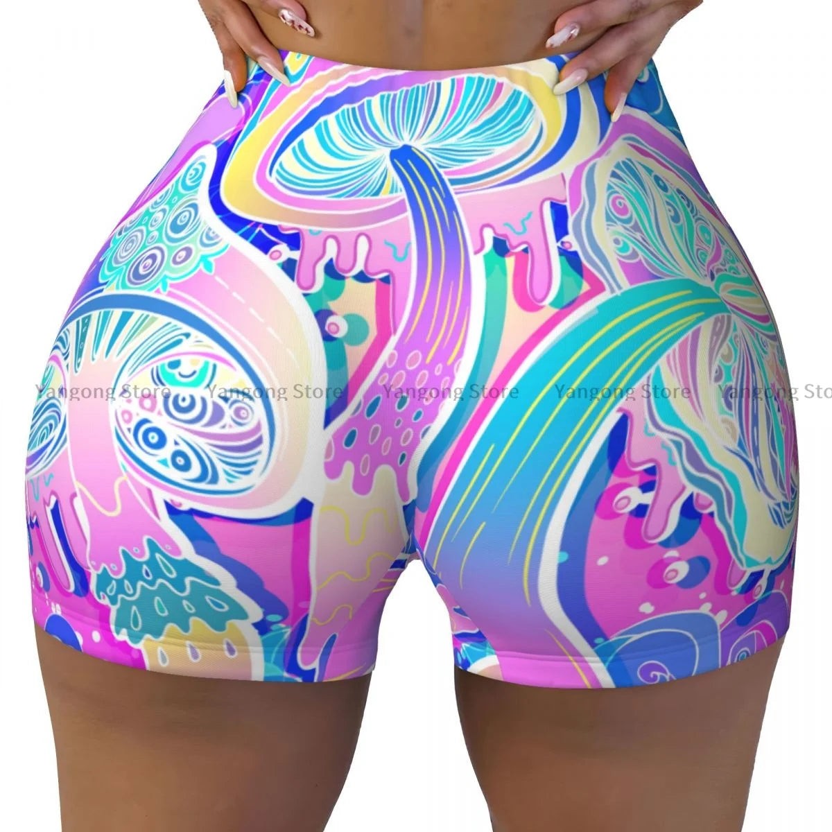 Women's Yoga Shorts Magic Mushrooms 60s Hippie Art Scrunch Booty Butt Lifting Comfort Fitness Gym