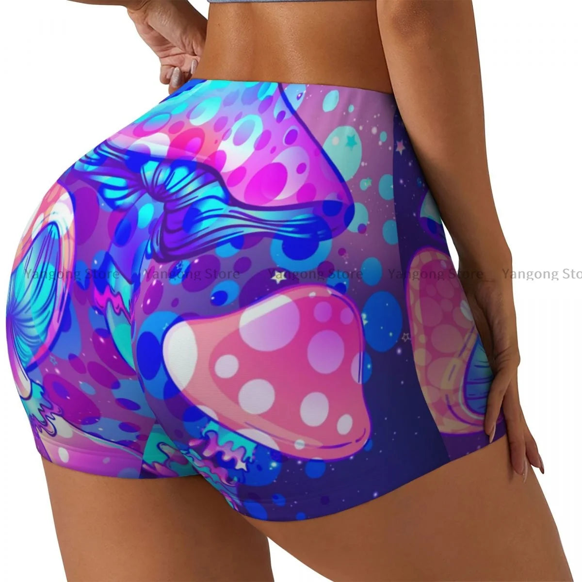 Women's Yoga Shorts Magic Mushrooms 60s Hippie Art Scrunch Booty Butt Lifting Comfort Fitness Gym