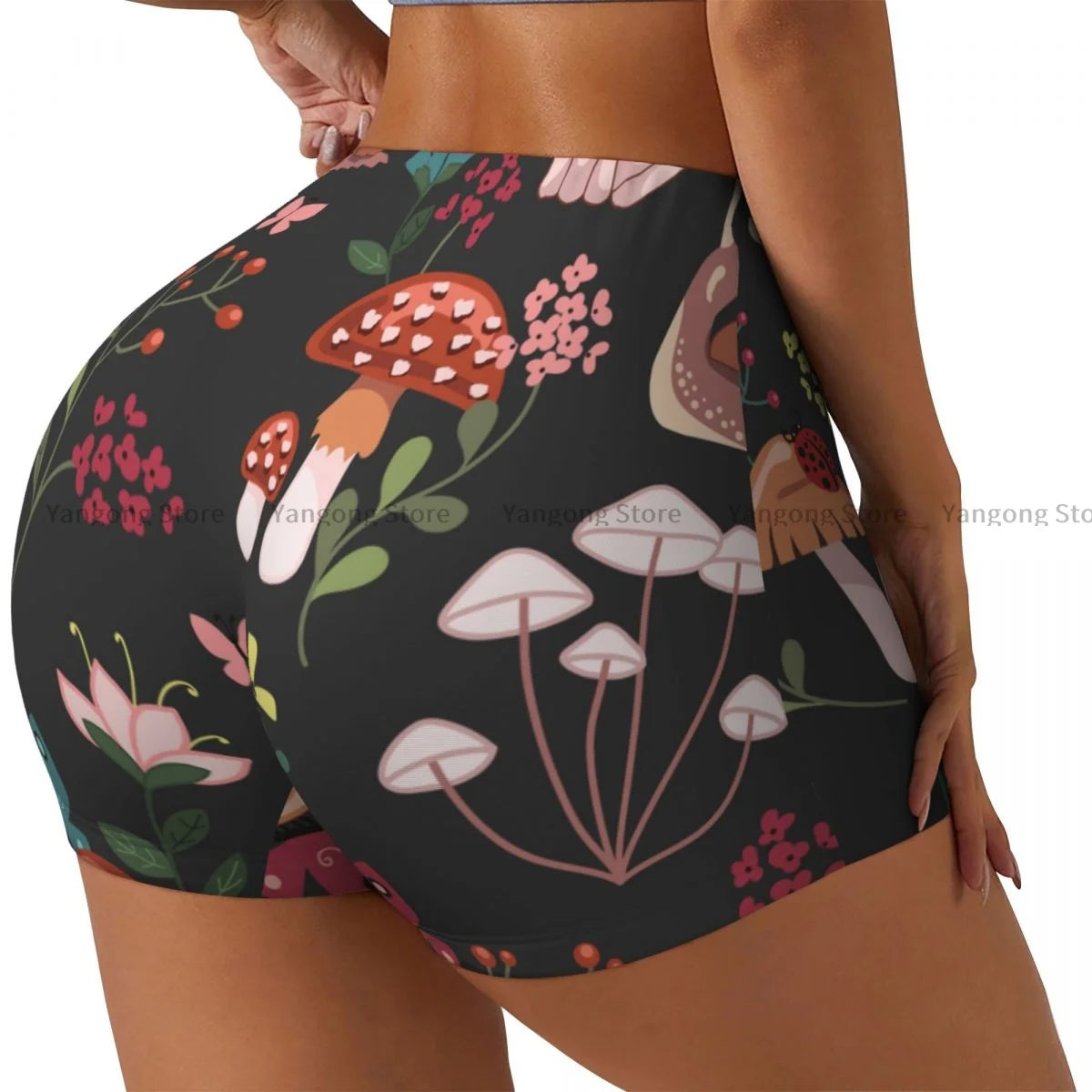 Women's Yoga Shorts Magic Mushrooms 60s Hippie Art Scrunch Booty Butt Lifting Comfort Fitness Gym